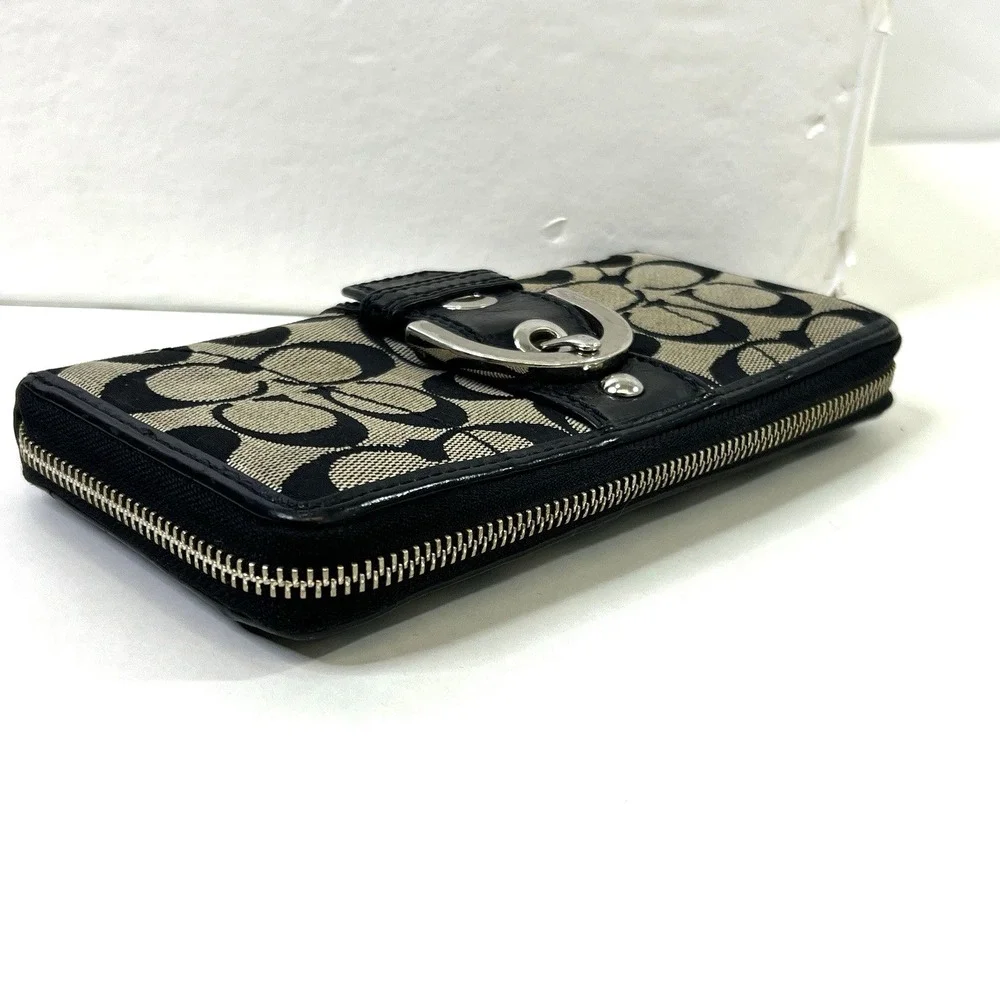 Vtg Coach Zip Around Accordion Wallet Black Signature Canvas Leather Buckle 8x4